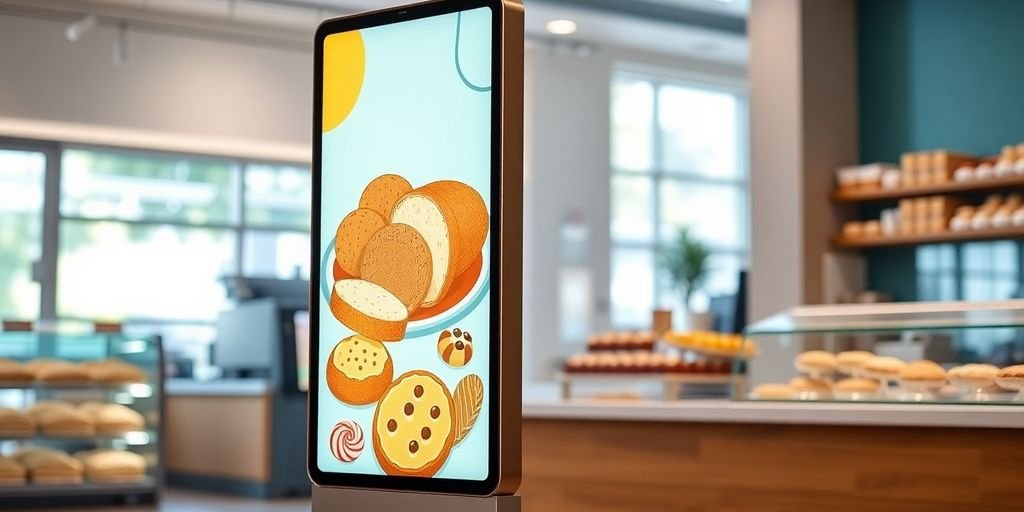 Totem digital com pães e bolos em padaria.